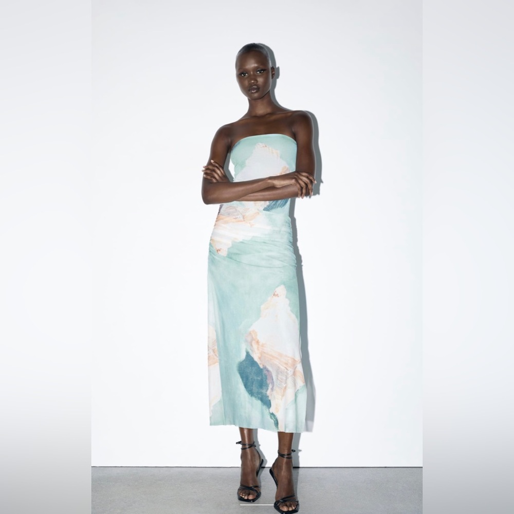 Zara Strapless Mint Green & White Print Midi Bodysuit